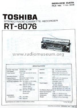 Stereo Radio Cassette Recorder RT-8076; Toshiba Corporation; (ID = 1841056) Radio