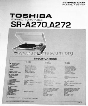Stereo Turntable SR-A270; Toshiba Corporation; (ID = 1674972) R-Player