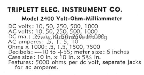 AC DC Volt-Ohm-Milliammeter 2400; Triplett Electrical (ID = 1147116) Equipment