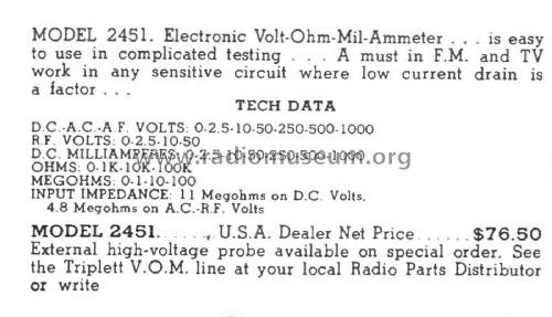 Vacuum-Tube Voltmeter Model 2451; Triplett Electrical (ID = 3080793) Equipment