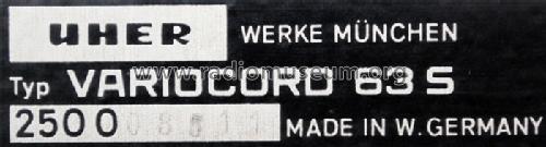 Variocord 63S; Uher Werke; München (ID = 767151) Sonido-V