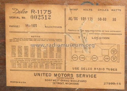 Delco R1175; United Motors (ID = 1565821) Radio