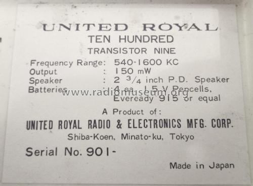 Ten Hundred Transistor Nine ; United Royal Radio & (ID = 1775816) Radio