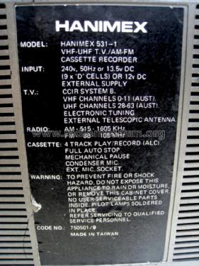 3-in-1 Portable 531-1 - 750501/9; Hanimex Pty, Ltd.; (ID = 1363761) TV Radio