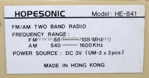 Hopesonic, Restroom radio HE-841; Hydas Fabrik; (ID = 676268) Radio