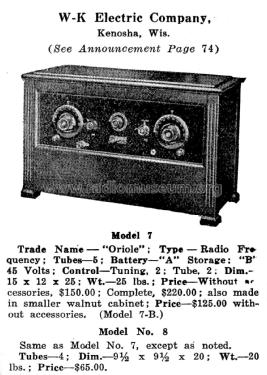 Oriole 8 ; W-K W.K. Electric Co (ID = 1950729) Radio