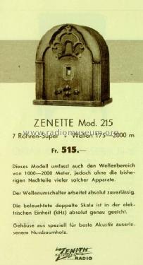Zenith Zenette Mod. 215 Ch= 2044; Walser, Conrad; (ID = 2727697) Radio