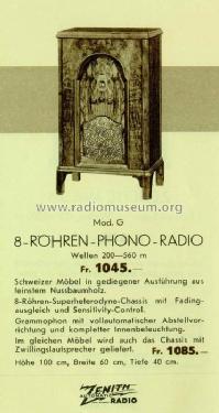 Zenith 8-Röhren-Phono-Radio Modell G ; Walser, Conrad; (ID = 2728039) Radio