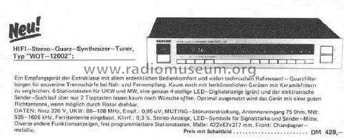 AM/FM Stereo Quartz Synthesizer Tuner WQT-12002; Wangine Electronics (ID = 1739683) Radio