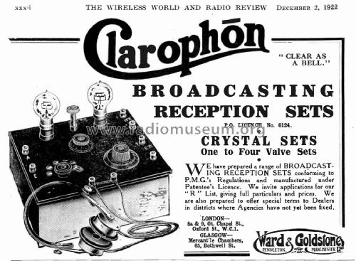 Clarophon Two-Valve Broadcast Receiver ; Ward & Goldstone, GB (ID = 2421486) Radio