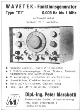 Voltage Controlled Generator - Function Generator - Funktionsgenerator VCG 111 ; Wavetek Corporation; (ID = 1952974) Equipment