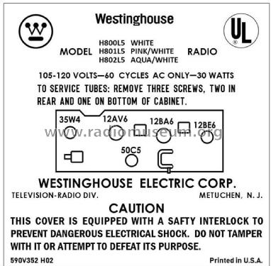 Clock radio H800L5, H801L5, H802L5; Westinghouse El. & (ID = 2924595) Radio