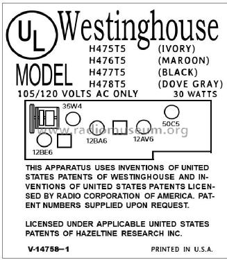 H-478T5 Ch=V-2236-1; Westinghouse El. & (ID = 2785883) Radio