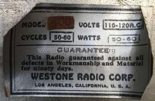 400 ; Westone Radio Corp., (ID = 2323437) Radio