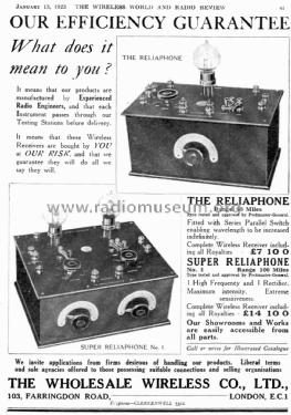 Super Reliaphone 2-Valve Receiver No. 1; Wholesale Wireless (ID = 2503588) Radio