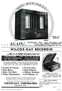 A-70 Recordio Ch= 9J9; Wilcox-Gay Corp.; (ID = 1821438) Radio