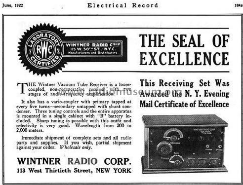 Vacuum Tube Receiving Set ; Wintner Radio Corp.; (ID = 1246868) Radio