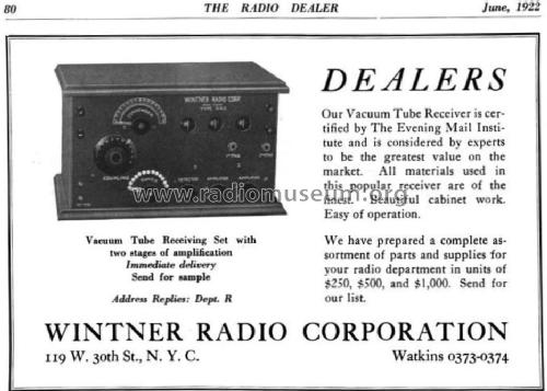 Vacuum Tube Receiving Set ; Wintner Radio Corp.; (ID = 1697375) Radio