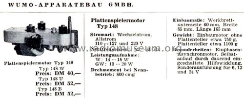 Plattenspielermotor 148B; Wumo Apparatebau (ID = 2787831) Diversos