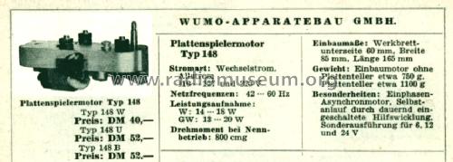 Plattenspielermotor 148B; Wumo Apparatebau (ID = 513144) Diverses