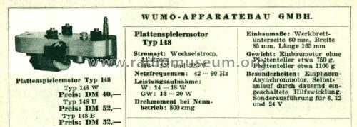 Plattenspielermotor 148U; Wumo Apparatebau (ID = 513145) Misc