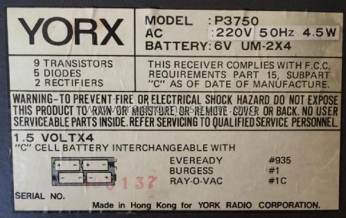 AM/FM Battery Electric P3750; Yorx Electronics; (ID = 1846227) Radio