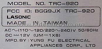 Lasonic TRC-920; Yung Fu Electrical (ID = 639195) Radio