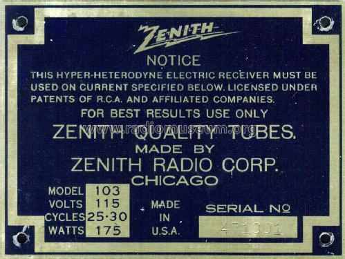 103 Ultra Ch= 2017; Zenith Radio Corp.; (ID = 1615418) Radio