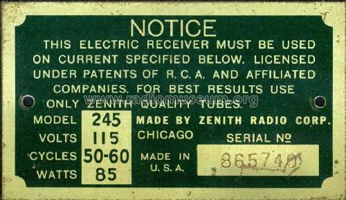 245 Ch= 2036; Zenith Radio Corp.; (ID = 1662491) Radio