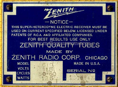 619 Ch= 2033; Zenith Radio Corp.; (ID = 1252764) Radio