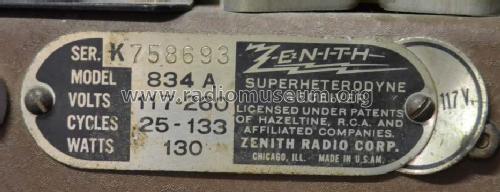 834A Ch= 1002; Zenith Radio Corp.; (ID = 1671791) Radio