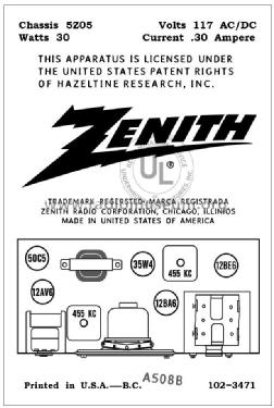 A508B Ch= 5Z05; Zenith Radio Corp.; (ID = 2786437) Radio