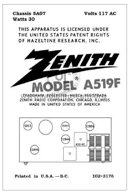 A519F Ch= 5A07; Zenith Radio Corp.; (ID = 2803440) Radio