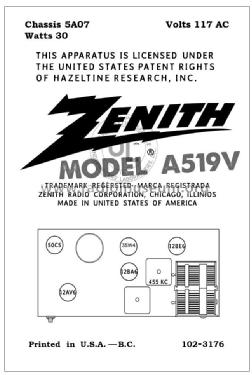 A519V Ch= 5A07; Zenith Radio Corp.; (ID = 2803439) Radio