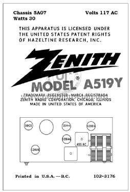 A519Y Ch= 5A07; Zenith Radio Corp.; (ID = 2803441) Radio