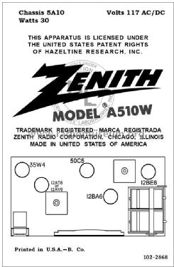 A-510-W ch= 5-A-10 ; Zenith Radio Corp.; (ID = 2903368) Radio