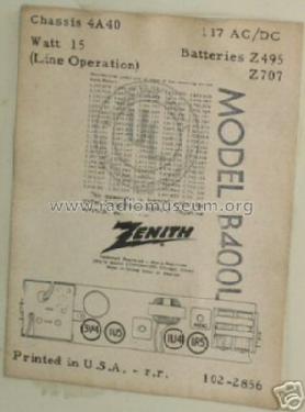 B400L Ch= 4A40; Zenith Radio Corp.; (ID = 122083) Radio