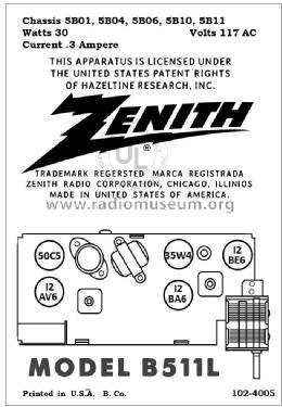 B511L 'The Trumpeteer' Ch= 5B10; Zenith Radio Corp.; (ID = 2789854) Radio