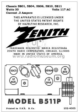 B511P 'The Trumpeteer' Ch= 5B10; Zenith Radio Corp.; (ID = 2789853) Radio