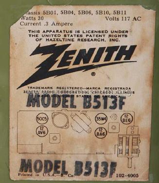 B513F 'The Toreador' Ch= 5B01; Zenith Radio Corp.; (ID = 501526) Radio
