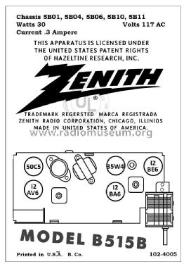 B515B 'The Starlighter' Ch= 5B06; Zenith Radio Corp.; (ID = 2789848) Radio