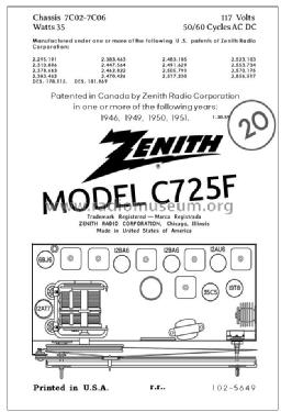 C725F 'The Super Sapphire' Ch= 7C06; Zenith Radio Corp.; (ID = 2795953) Radio