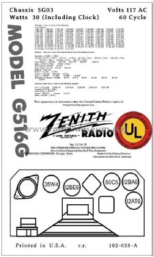 G516G Ch= 5G03; Zenith Radio Corp.; (ID = 2863314) Radio