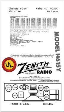 H615Y Ch=6G05; Zenith Radio Corp.; (ID = 2876414) Radio