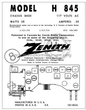 H845 Ch= 8H20; Zenith Radio Corp.; (ID = 2808149) Radio