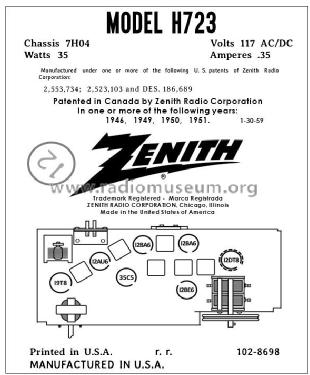 H-723W Ch= 7H04; Zenith Radio Corp.; (ID = 2802152) Radio