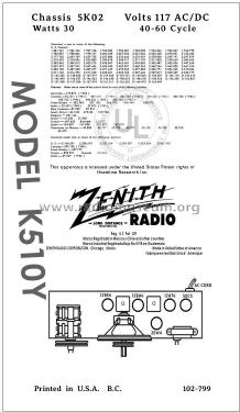 K510Y Ch= 5K02; Zenith Radio Corp.; (ID = 2974591) Radio