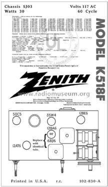 K518F Ch= 5J03; Zenith Radio Corp.; (ID = 2806383) Radio