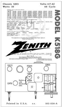 K518G Ch= 5J03; Zenith Radio Corp.; (ID = 2806385) Radio