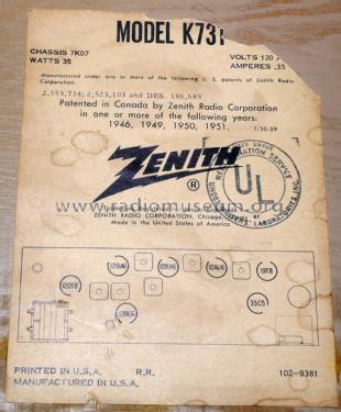 K731L Ch= 7K07; Zenith Radio Corp.; (ID = 2065276) Radio